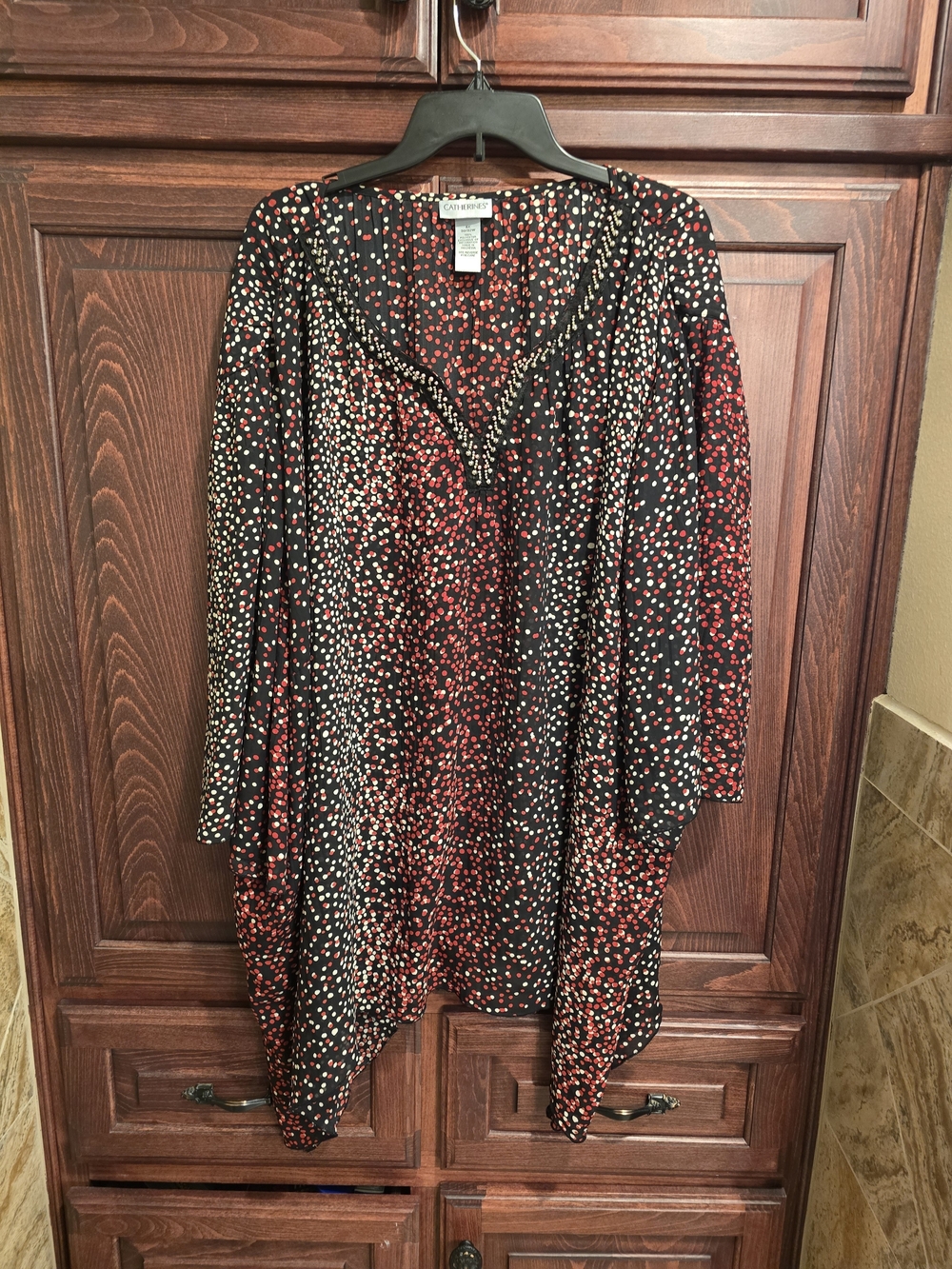 Catherines Black Tunic with Red and White Dot Print and Beaded V-Neck